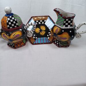 Studio Multicolor Whimsical Ceramic Cream And Sugar Set with Floral Patterns